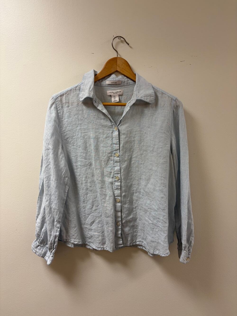 Laura Ashley 100% Linen Button Down Blouse Pale Light Blue Minimalist Modest S